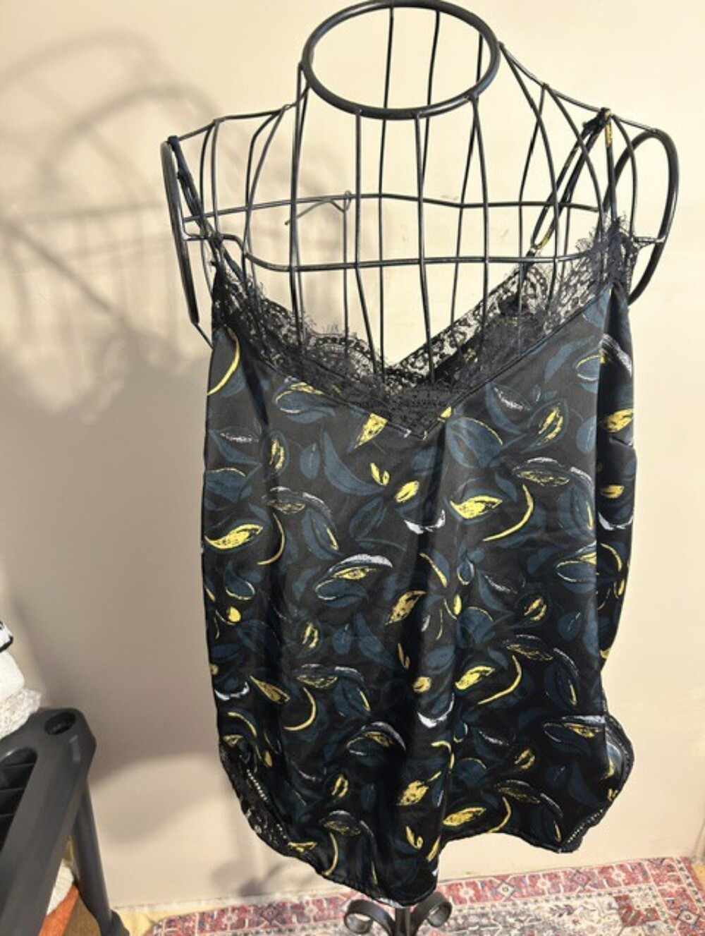 Halogen Black Lace-Trim Satin Tank Top with Blue and Yellow Leaf Print